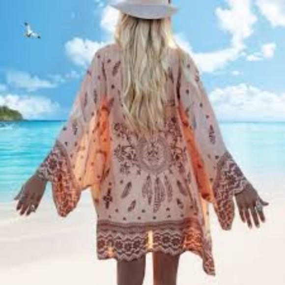 Boho skull print open front kimono with sleeves - Picture 2 of 8